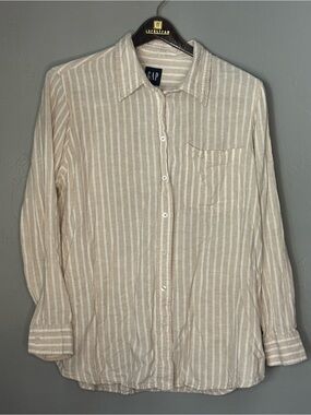 GAP Linen Tan and Beige Striped Button Up Shirt ~ Size L